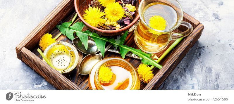 Honey from dandelion and tea honey yellow flower cup food glass spring nature healthy medicine plant sweet dessert summer jam medicinal blossom herbal beverage