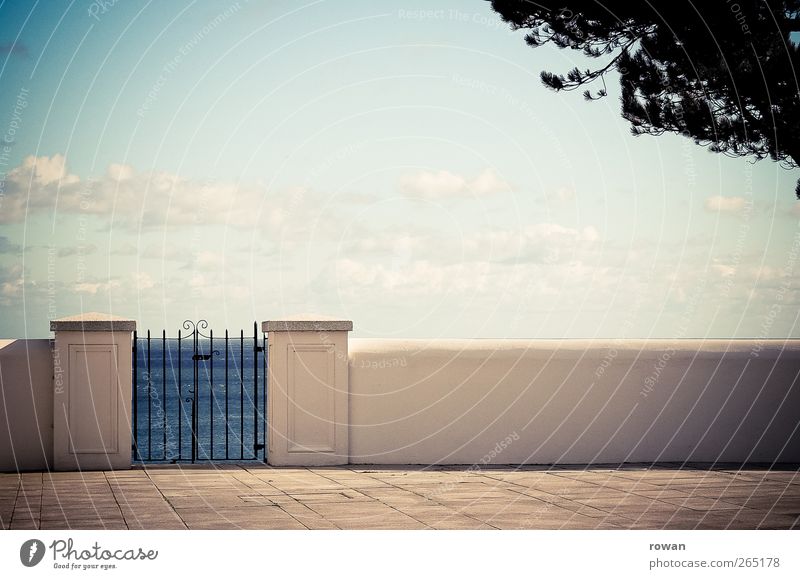 to the sea Sky Summer Beautiful weather Tree Waves Coast Ocean Wall (barrier) Wall (building) Garden Door Friendliness Uniqueness Warmth Calm Gate Garden door