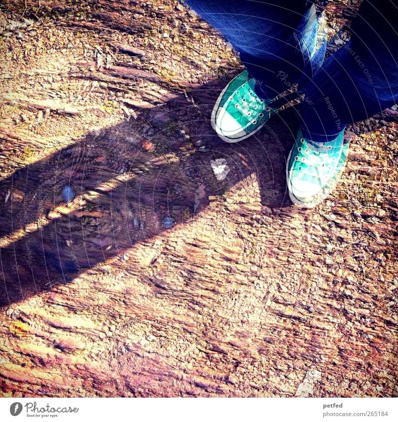 insecurity Legs Feet Nature Earth Field Jeans Sneakers Stone Stand Dry Blue Brown Green Double exposure Blur Colour photo Exterior shot Lomography