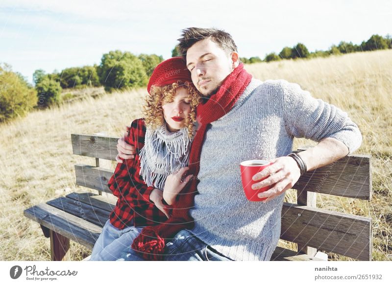 A couple of happy young people in love Coffee Tea Lifestyle Joy Happy Wellness Relaxation Calm Sunbathing Human being Masculine Feminine Woman Adults Man