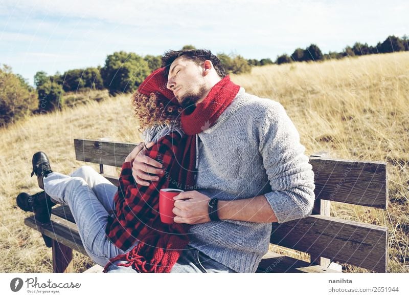 A couple of happy young millennials in love Coffee Tea Lifestyle Happy Relaxation Calm Sunbathing Human being Masculine Feminine Young woman