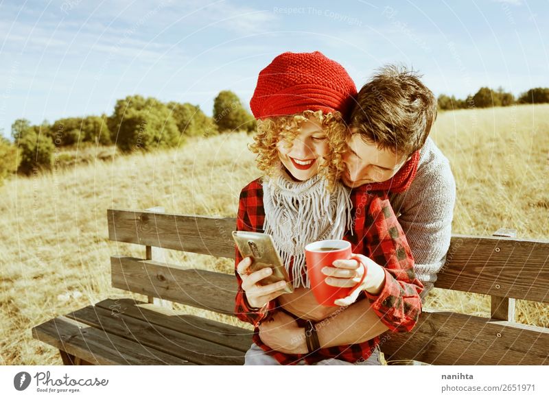 A couple of happy young millennials in love Coffee Tea Lifestyle Happy Wellness Relaxation Calm Leisure and hobbies Vacation & Travel Freedom Sunbathing