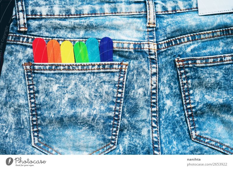 Colorful wooden sticks inside of a denim poket Education Child Infancy Fashion Clothing Jeans Cool (slang) Retro Multicoloured Colour Idea Identity Uniqueness