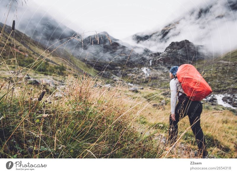 Ascent to the Braunschweiger Hütte | E5 Vacation & Travel Adventure Expedition Hiking Young woman Youth (Young adults) Nature Landscape Clouds Autumn