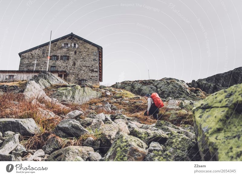 Young woman below the Braunschweiger hut | E5 Vacation & Travel Adventure Expedition Mountain Hiking Human being Nature Landscape Bad weather Rock Alps Glacier