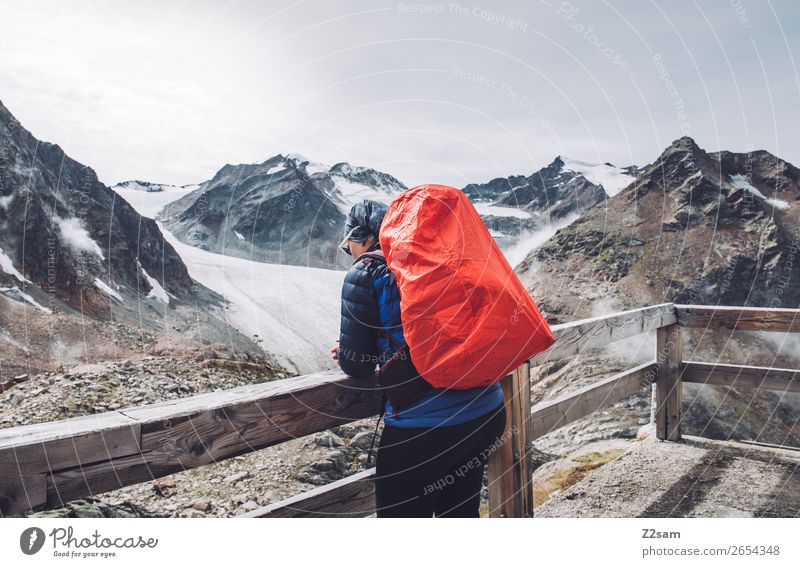 Woman with a view of the Pitztal glacier | E5 Vacation & Travel Hiking Human being Nature Landscape Alps Mountain Peak Glacier Hut Jacket Sunglasses Backpack