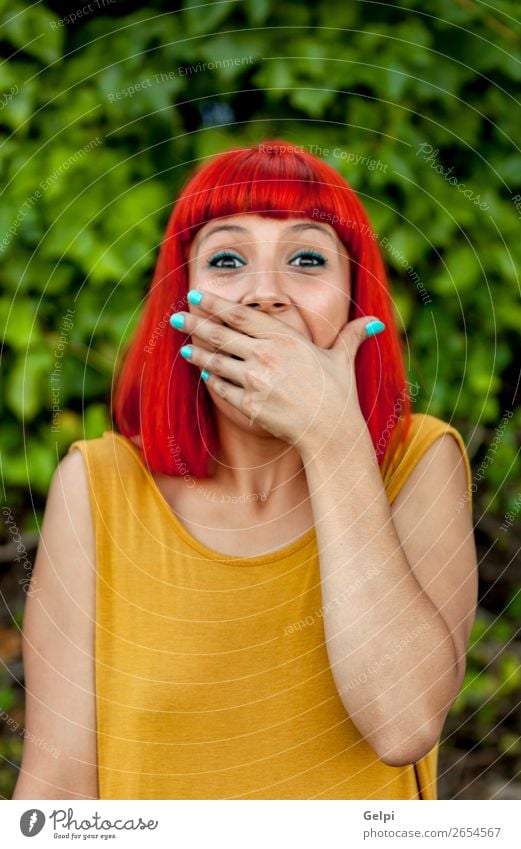 Surprised red haired woman in a park Lifestyle Style Joy Happy Beautiful Hair and hairstyles Face Wellness Summer Human being Woman Adults Nature Plant Park