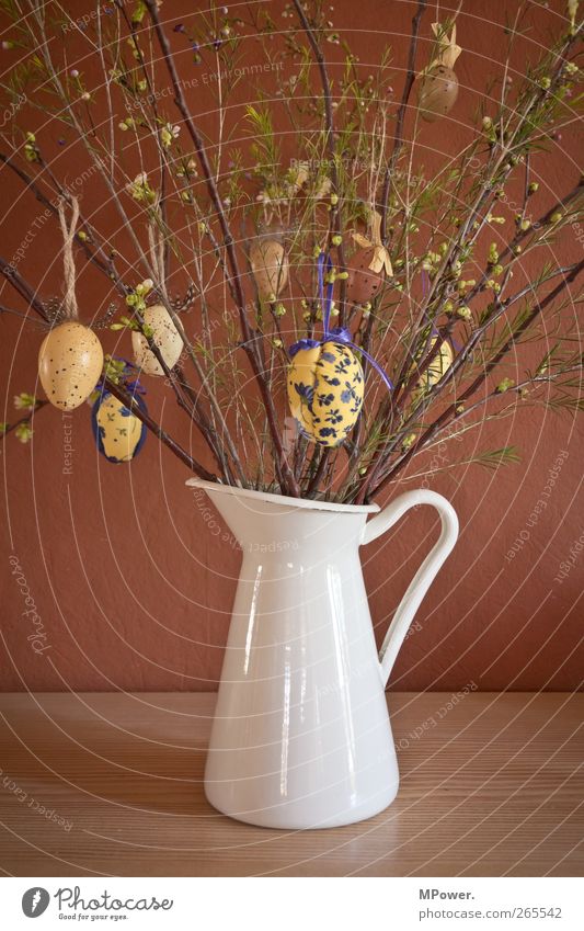 Happy Easter Plant Grass Bushes Brown Bouquet Egg Easter egg Painted Wall (building) Jug Vase Public Holiday Decoration White Carry handle Table Adorned