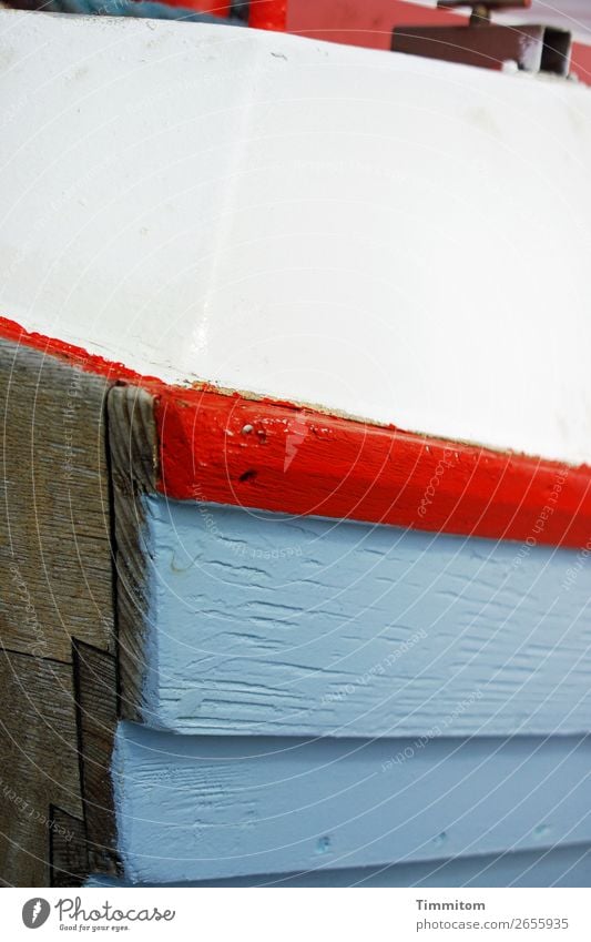 View beyond the edge of the boat Vacation & Travel Denmark Navigation Fishing boat Wood Blue Red White Hull Moody Colour photo Exterior shot Deserted Day