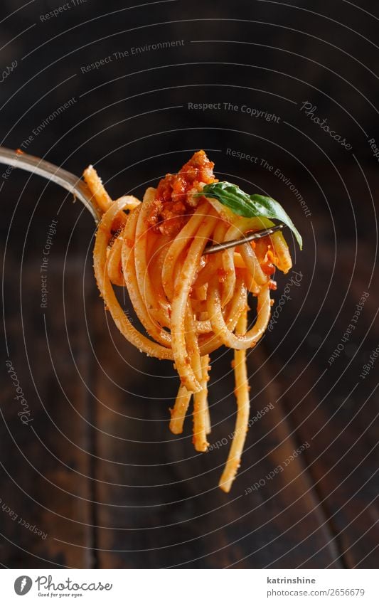 Spaghetti pasta with bolognese sauce Meat Cheese Herbs and spices Lunch Dinner Plate Fork Wood Bright Above Tradition Basil Beef Bolognese Cooking Dish food