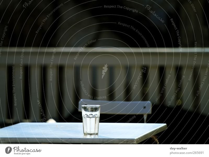 I'll be off. Wood Glass Metal Plastic Sharp-edged White Table Chair Handrail Colour photo Exterior shot Deserted Twilight Light Shadow Contrast Sunlight Blur