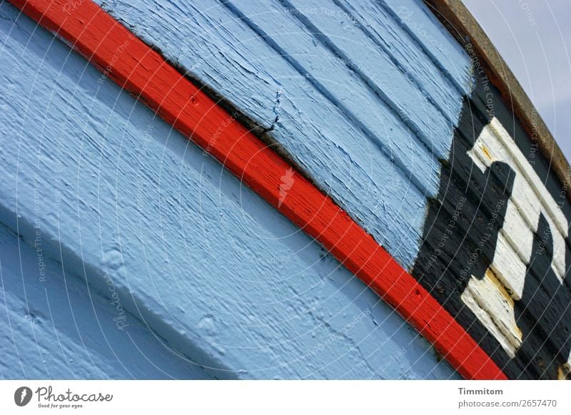 T' on fishing boat Vacation & Travel Sky Beautiful weather Denmark Fishing boat Wood Characters Blue Red Black White Line Colour photo Exterior shot Deserted