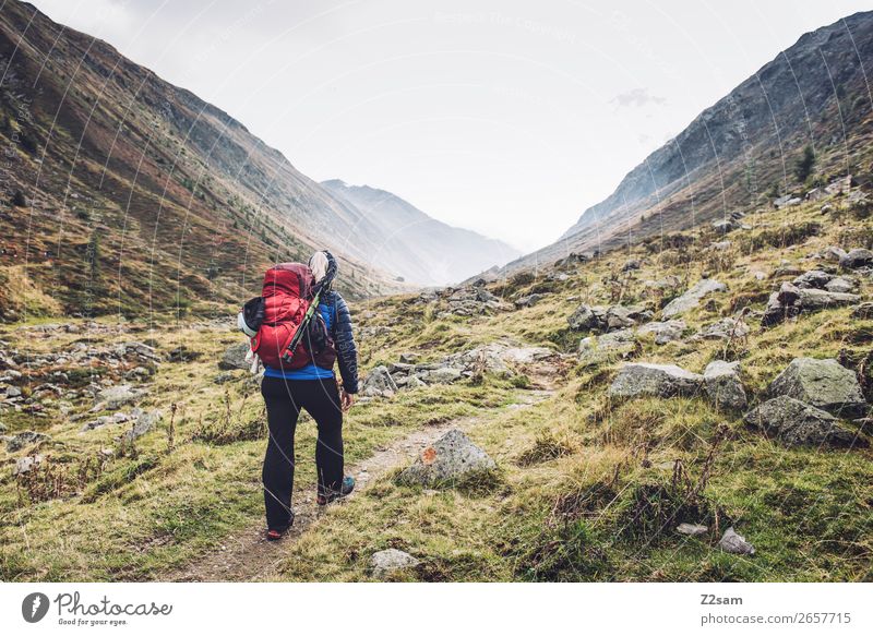 Young woman climbing the Timmelsjoch | E5 Vacation & Travel Adventure Expedition Mountain Hiking Nature Landscape Autumn Fog Meadow Rock Alps Jacket Backpack