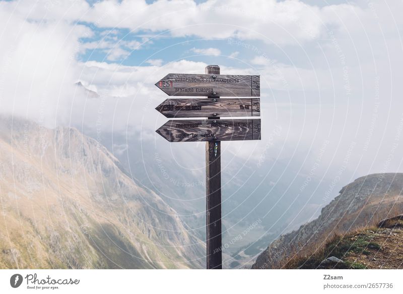 Signpost at the Timmelsjoch | E5 Adventure Hiking Nature Landscape Sky Clouds Alps Mountain Peak Tall Loneliness Testing & Control Lanes & trails yoke of heaven