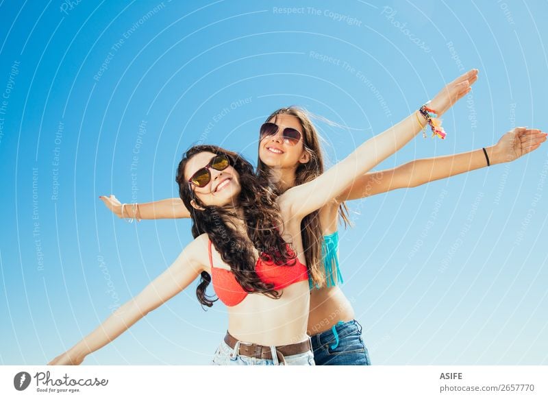 Best friends flying to the beach Joy Happy Vacation & Travel Tourism Summer Beach Ocean Woman Adults Friendship Youth (Young adults) Nature Sand Sky Airplane