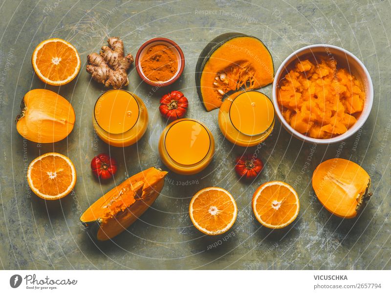 Smoothie made of kaki, pumpkin, orange and turmeric Food Vegetable Fruit Nutrition Organic produce Vegetarian diet Diet Beverage Juice Glass Style Design