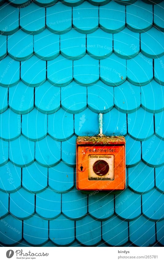 old fire red fire alarm on blue shingle wall on house Fire alarm Alarm system Emergency call Safety nostalgically Blue Red Illuminate Old Fire department