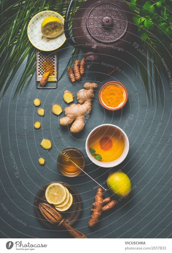 Ingredients for turmeric tea Food Herbs and spices Organic produce Vegetarian diet Diet Beverage Hot drink Tea Crockery Bowl Cup Mug Style Design Healthy