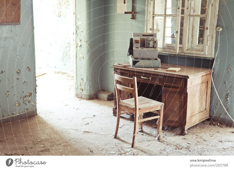 payment date Interior design Desk Chair Room Cash register Ruin Wall (barrier) Wall (building) Facade Window Old Dirty Broken Decline Past Transience