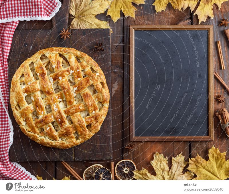 empty black chalk board and baked whole fruit cake Fruit Apple Cake Dessert Candy Table Kitchen Blackboard Autumn Leaf Wood Eating Fresh Above Brown Yellow