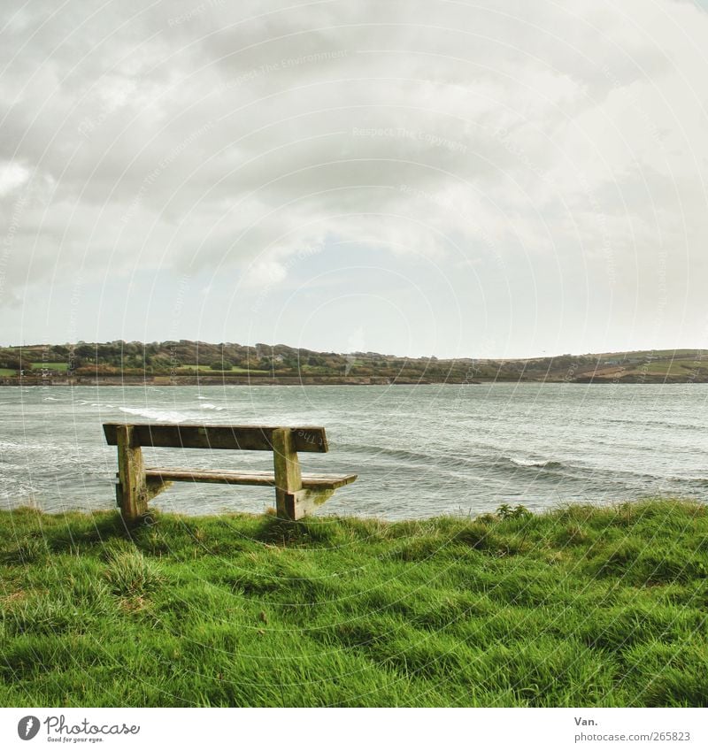 listen to the sound of the sea Landscape Water Sky Clouds Plant Grass Hill Waves Coast Bay Ocean Atlantic Ocean Ireland Wood Green Calm Freedom Remote Bench