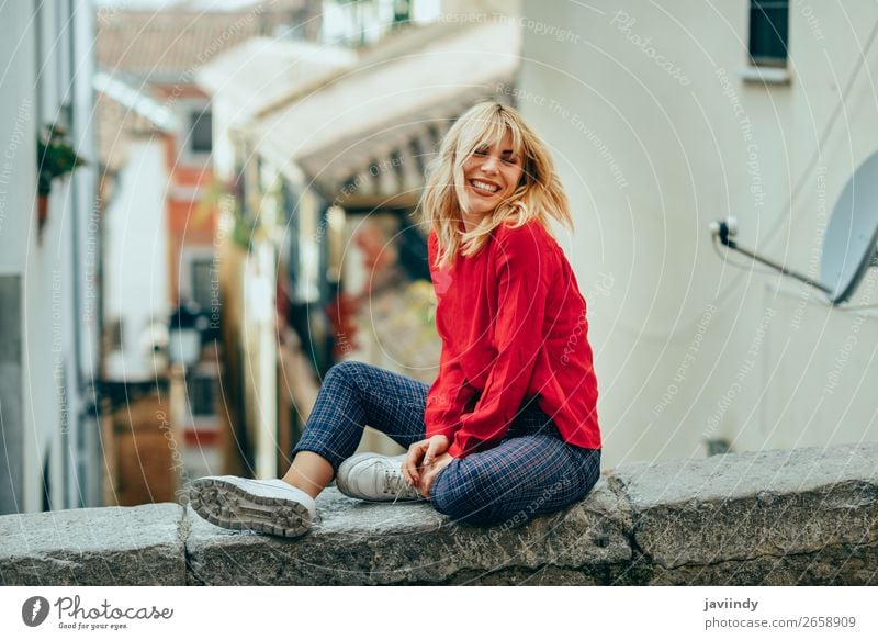 Smiling blonde girl with red shirt enjoying life outdoors. Lifestyle Style Happy Beautiful Hair and hairstyles Human being Feminine Young woman