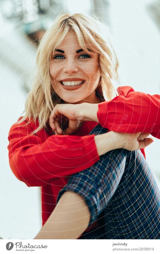 Smiling blonde girl with red shirt enjoying life outdoors. Lifestyle Style Happy Beautiful Hair and hairstyles Human being Feminine Young woman