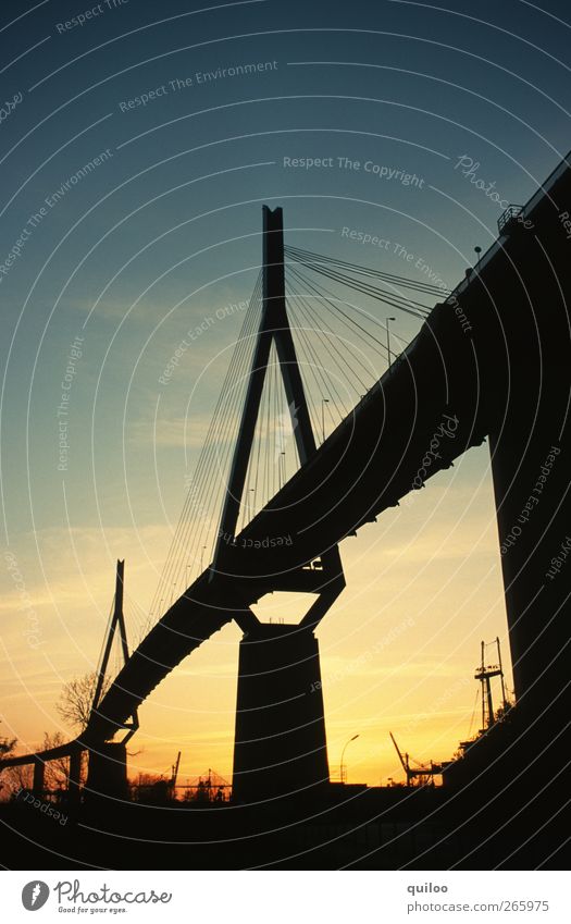 silhouette Hamburg Port City Bridge Kohlbrand bridge Transport Traffic infrastructure Road traffic Overpass Esthetic Firm Gigantic Large Strong Safety Stress