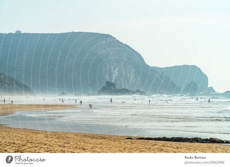 Summer Ocean Beach And Mountains Landscape In Portugal Sky Coast Nature Vacation & Travel Blue Water Vantage point Tropical Sand Beautiful Tourism