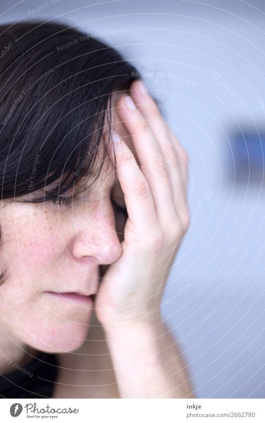 First of all Close-up Profile Front view Closed eyes Hand on face Gesture Grief Concern Fatigue Pallid Dark-haired Authentic Stress Woman Face Emotions