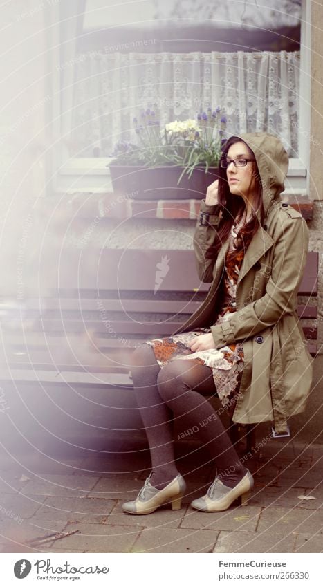 Rainy days III. Feminine Young woman Youth (Young adults) Woman Adults Legs 1 Human being Loneliness Idyll Uniqueness Garden Park bench Garden bench Brunette