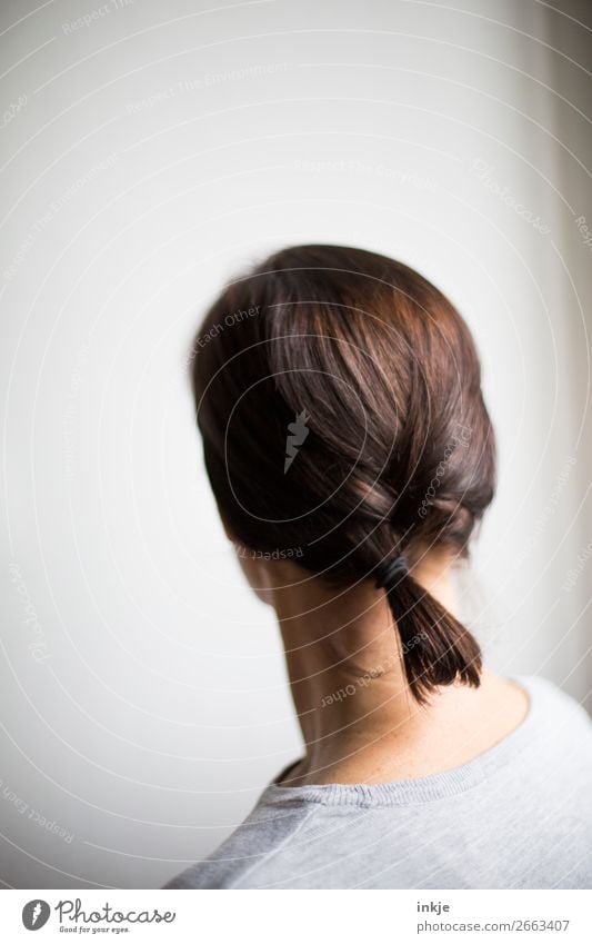 plait Colour photo Interior shot Close-up Copy Space left Neutral Background Day Light Shadow Contrast Shallow depth of field Portrait photograph Rear view