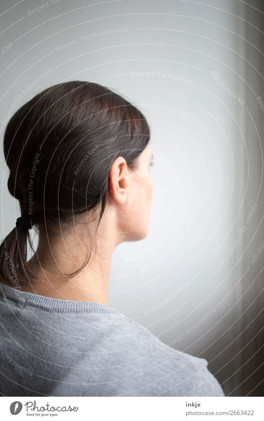 plait Colour photo Interior shot Close-up Copy Space left Neutral Background Day Light Shadow Contrast Shallow depth of field Portrait photograph Rear view