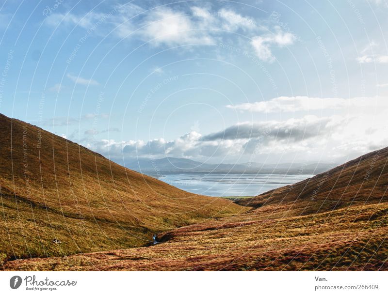 Over there, the sea! Vacation & Travel Nature Landscape Plant Earth Air Water Sky Clouds Autumn Grass Moss Meadow Hill Ocean Atlantic Ocean Brook Ireland Blue