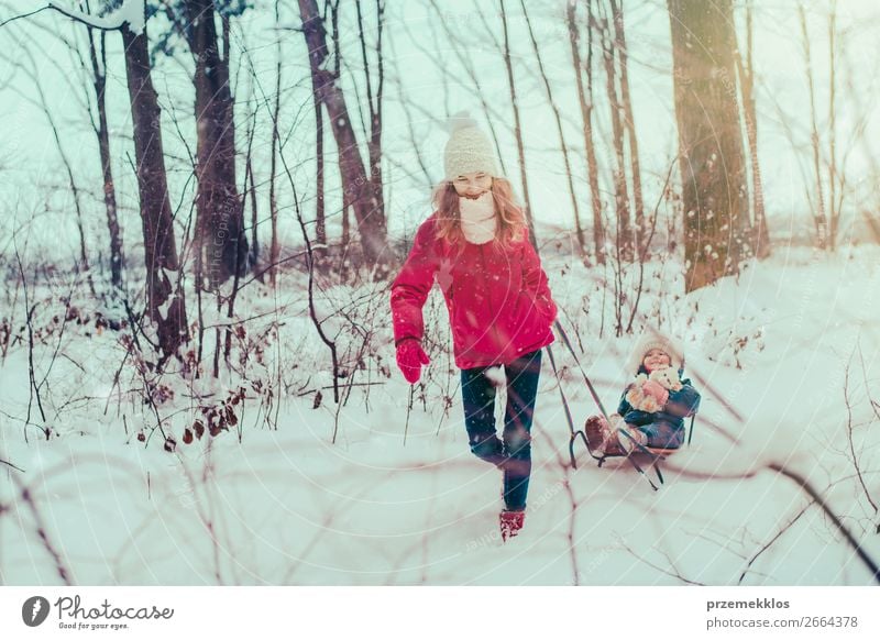 Teenage girl pulling sled with her little sister through forest Lifestyle Joy Happy Winter Snow Winter vacation Human being Child Girl Young woman