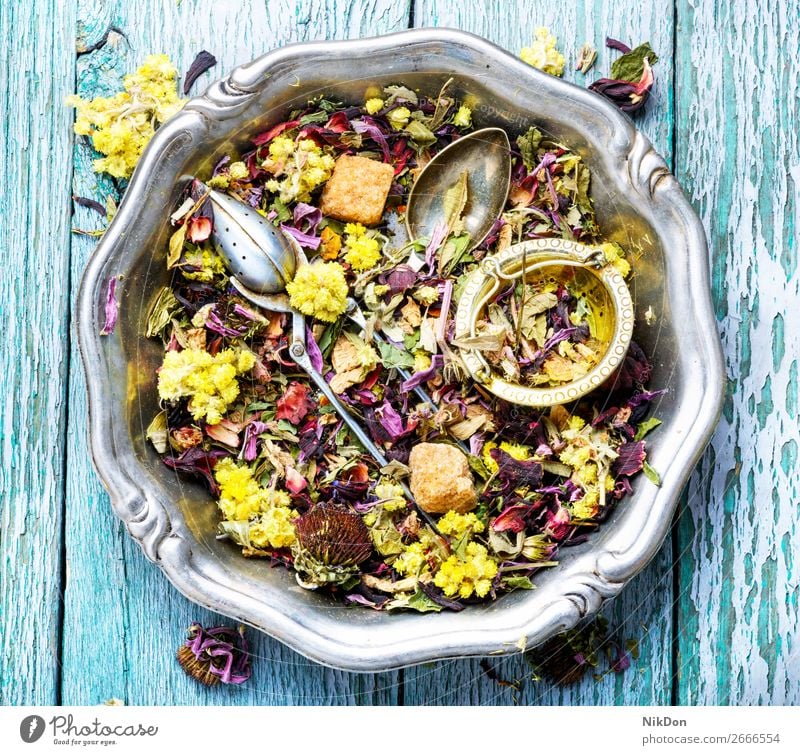 Herbal tea flower leaves herb herbal leaf drink healthy natural dry antioxidant plant aromatic spoon heap petal medicine hibiscus asian relaxation mix scoop