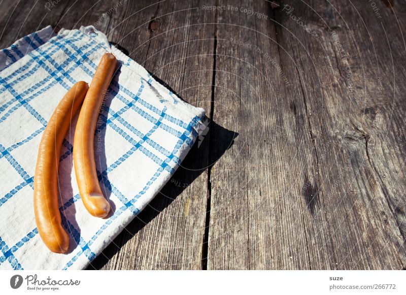 dream couple Food Sausage Nutrition Lunch Picnic Table Wood Lie Simple Delicious Natural Brown Small sausage Wooden table Dish towel In pairs Crunchy Bavarian