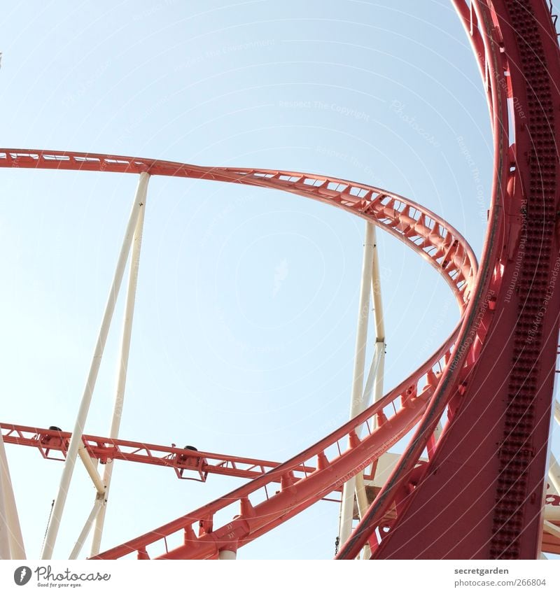 round trip. Blue Red White Beginning Cloudless sky Summer Beautiful weather Hamburg Dom Transport Traffic infrastructure Roller coaster Steel construction