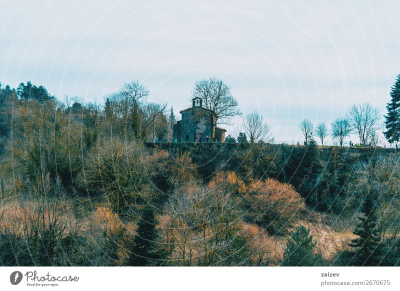 A hermitage in the distance among autumnal trees and bushes Vacation & Travel Tourism Mountain Hiking Environment Nature Landscape Plant Autumn Tree Bushes