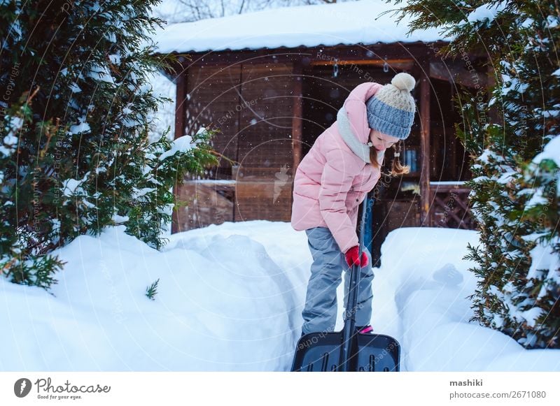 kid girl helping to clean pathway from snow Playing Winter Snow Winter vacation House (Residential Structure) Garden Child Tool Weather Storm Snowfall Happiness