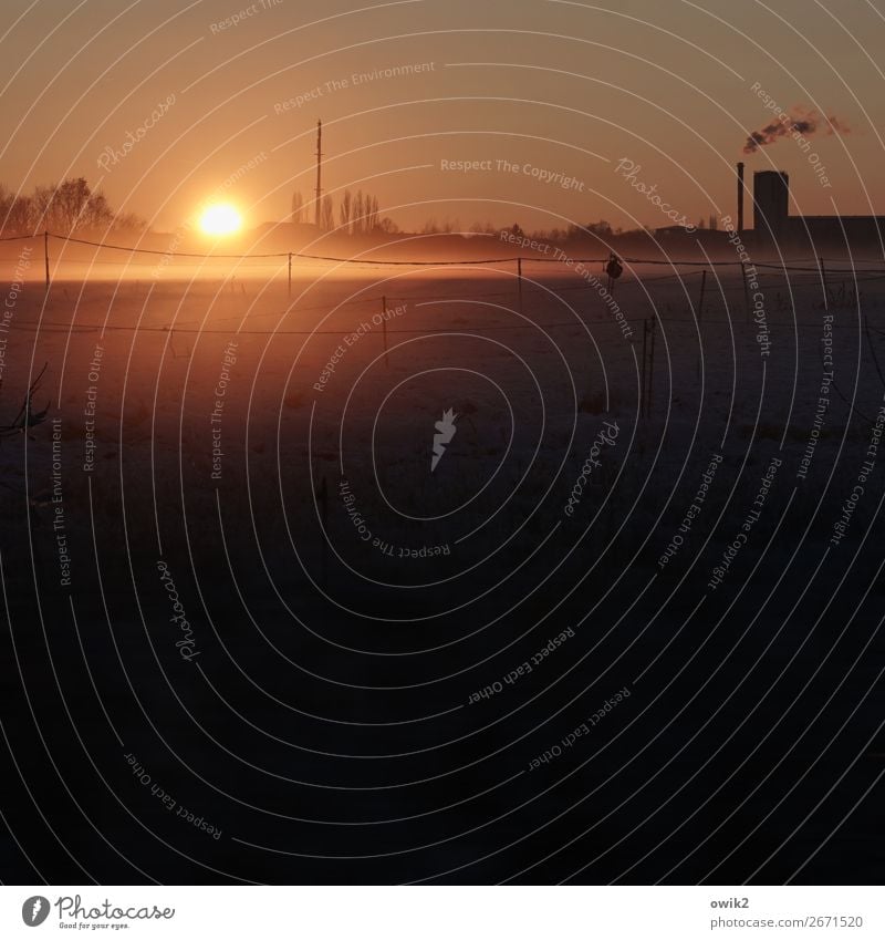 last glimpse Environment Nature Landscape Cloudless sky Horizon Sun Winter Meadow Outskirts Factory Thermal power station Chimney Illuminate Far-off places Calm