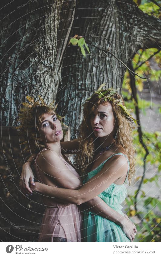 A Young Women couple Standing in the Woods Lifestyle Elegant Style Human being Feminine Androgynous Homosexual Young woman Youth (Young adults) Woman Adults