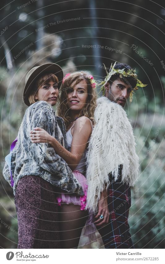 Three happy friends  posing in the forest Lifestyle Shopping Elegant Style Design Exotic Joy Human being Masculine Feminine Androgynous Young woman