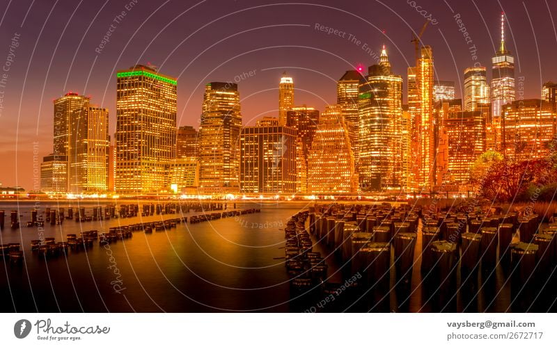 Manhattan skyline at night Architecture blue hour Bridge Brooklyn brooklyn bridge at sunset Building Business City cityscape district Downtown Evening