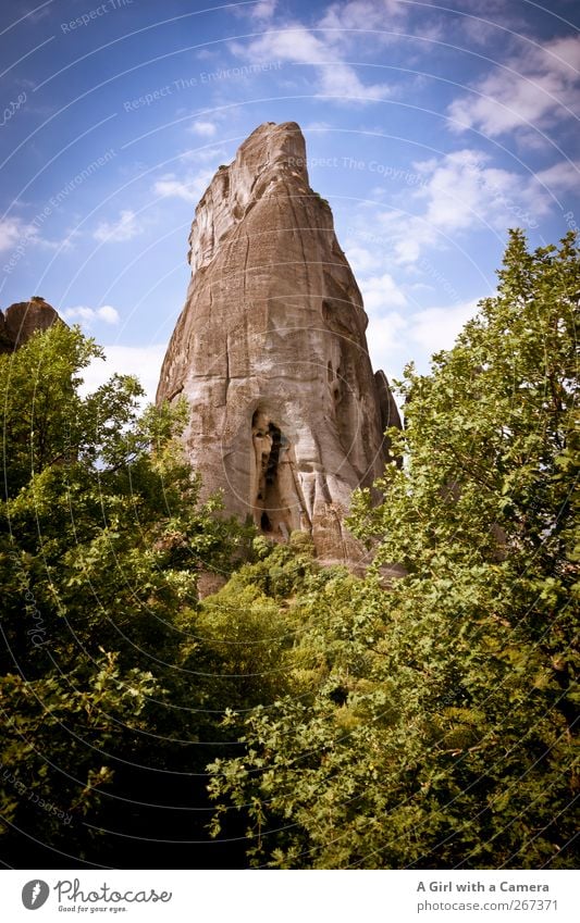 Giant! Environment Nature Landscape Elements Sky Clouds Summer Climate Beautiful weather Tree Hill Rock Mountain Peak Meteora Old Authentic Exceptional Gigantic