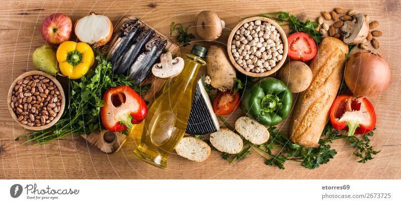 Healthy eating. Mediterranean diet. Fruit and vegetables Mediterranean sea Diet Healthy Eating Food Food photograph Vegetable Fish Grain Nut Olive Oil Table