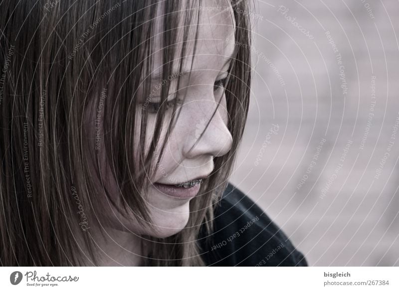 Child Portrait II Human being Feminine Girl Infancy Head Hair and hairstyles Face Eyes Nose Mouth 1 8 - 13 years Smiling Gray Pink Colour photo Subdued colour