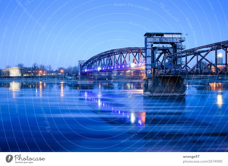 Art object and technical monument Work of art Neon sign Elbe (in) between Magdeburg Germany Europe Downtown Bridge Traffic infrastructure Freeze Old Historic