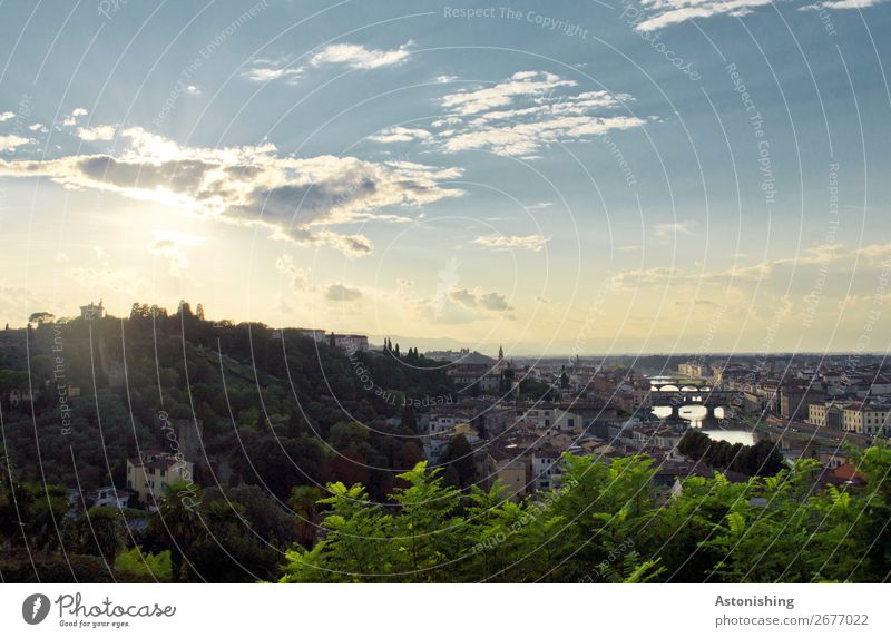 City in the evening sun Environment Nature Landscape Air Sky Clouds Horizon Sun Sunrise Sunset Weather Plant Hill River Arno Florence Italy Town Outskirts