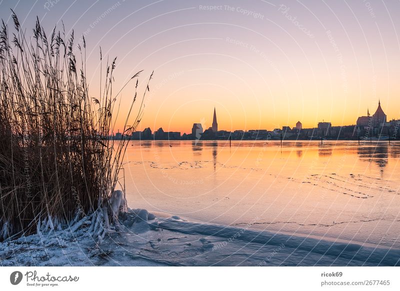 View over the Warnow to Rostock in winter Vacation & Travel Tourism Winter House (Residential Structure) Nature Landscape Water Climate Weather River Town